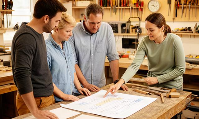 Handwerkerteam prüft einen übersichtlichen Ablaufplan in einer Werkstatt bei Stans
