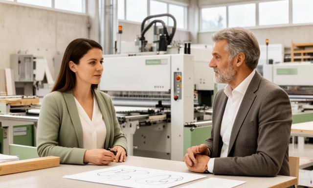 Produktionsleiterin bespricht einen Nachfolgeplan in einem hellen Nidwaldner Industriebetrieb
