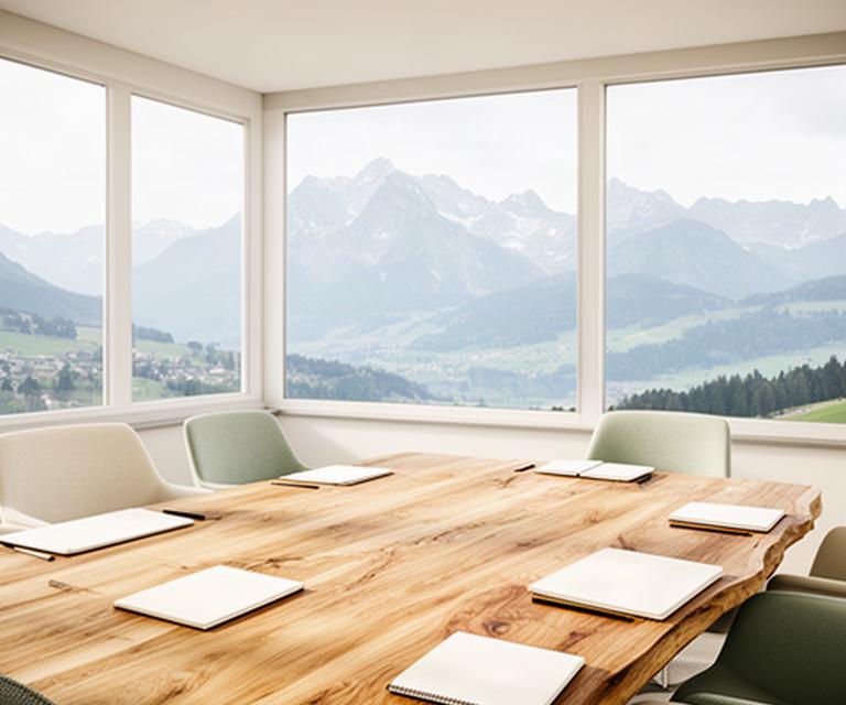 Heller Besprechungsraum einer Unternehmensberatung in Stans mit Holztisch, Notizbüchern und Blick auf die Nidwaldner Voralpen