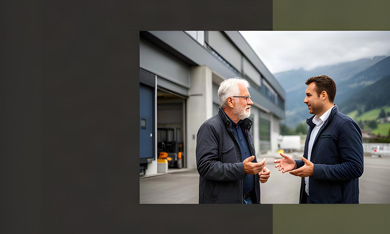 Älterer und jüngerer Unternehmer im Gespräch vor einer Produktionshalle in Nidwalden