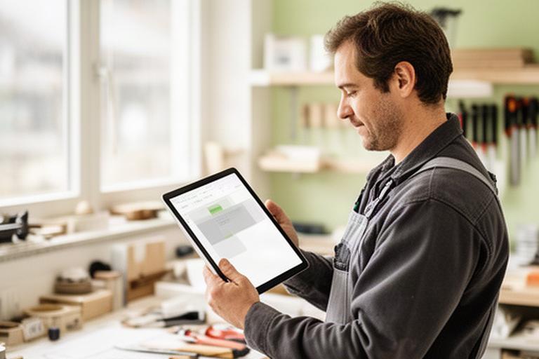 Handwerker prüft Auftragsdaten auf einem Tablet in einer hellen Werkstatt in Stans