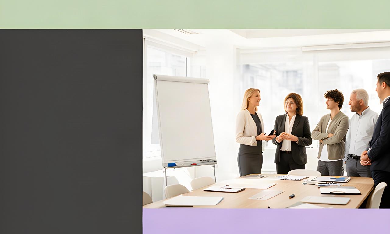 Beraterin im Gespräch mit einer Geschäftsleitung vor einem beschriebenen Flipchart in einem hellen Sitzungsraum