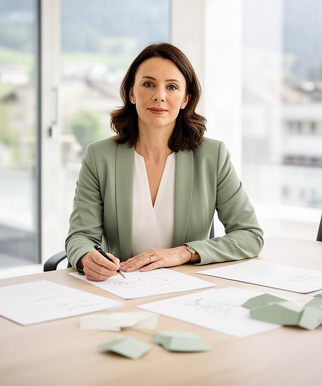 Beraterin von P.S. Meier Strategie GmbH im hellen Besprechungsraum in Stans mit Unterlagen zur Organisationsentwicklung